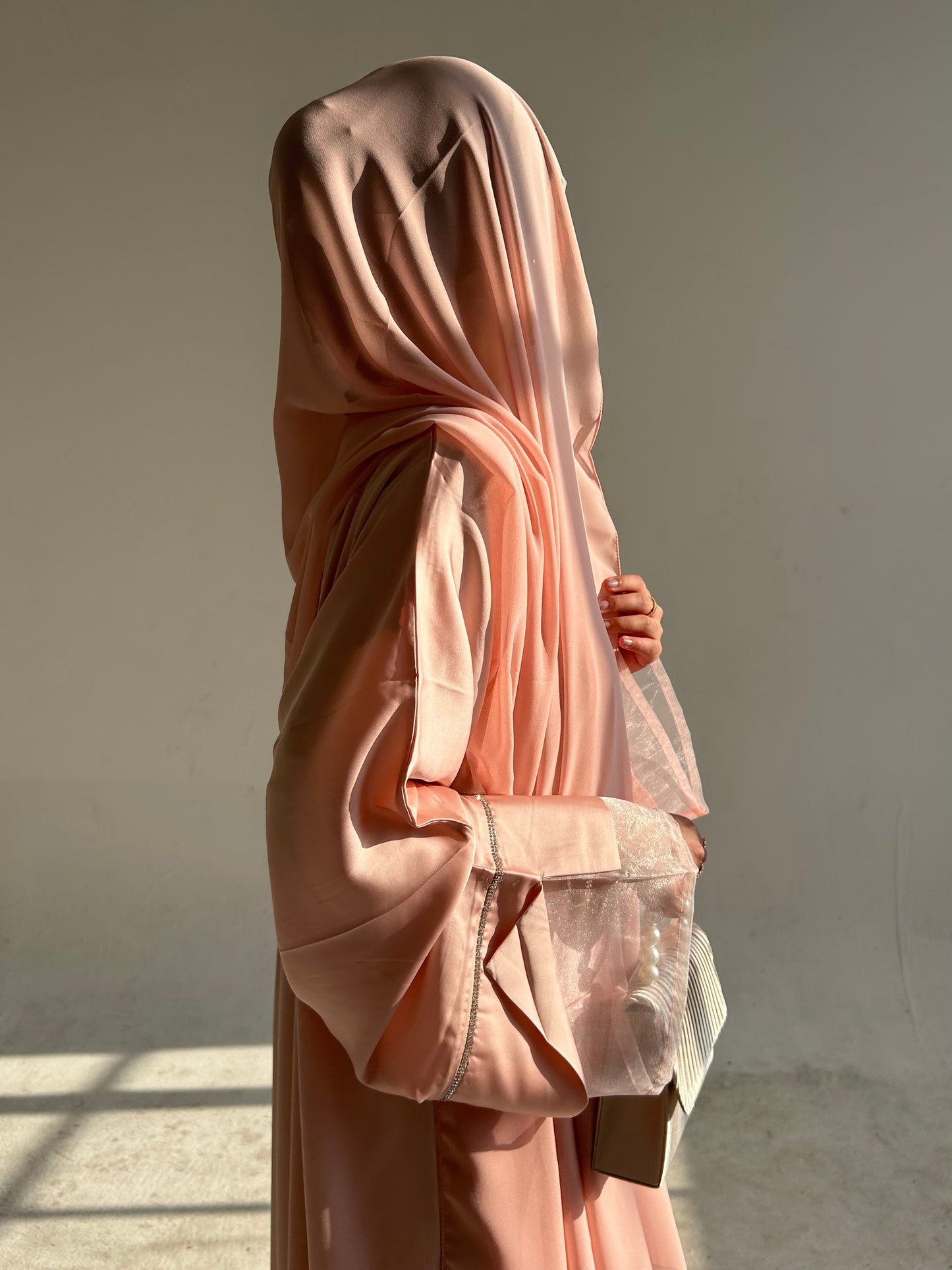 Embellished Silk Abaya Set with Organza Sleeves in Rose Pink
