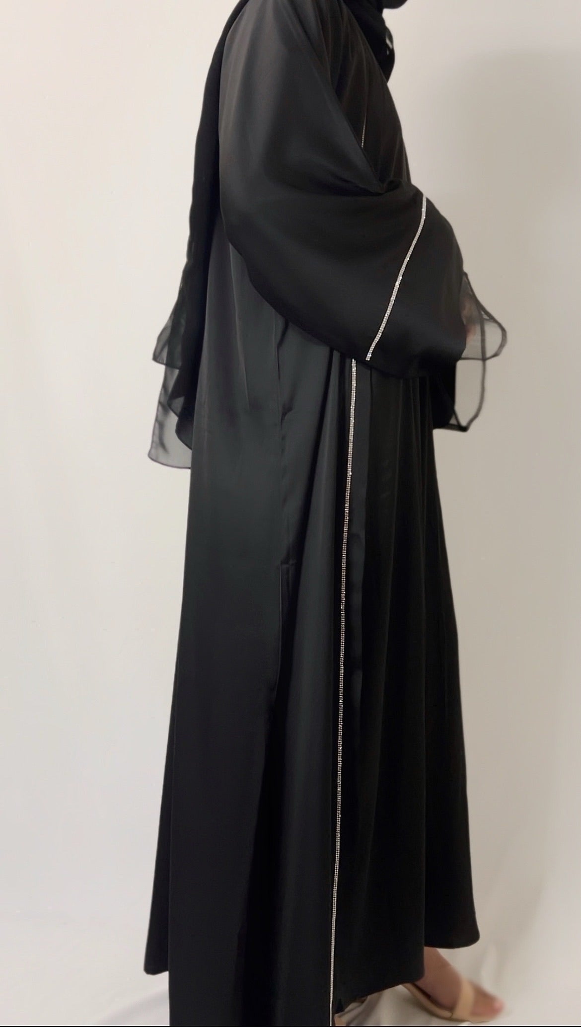 Embellished Silk Abaya Set with Organza Sleeves in Black