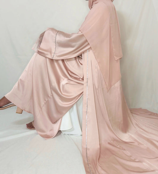 Embellished Silk Abaya Set with Organza Sleeves in Rose Pink