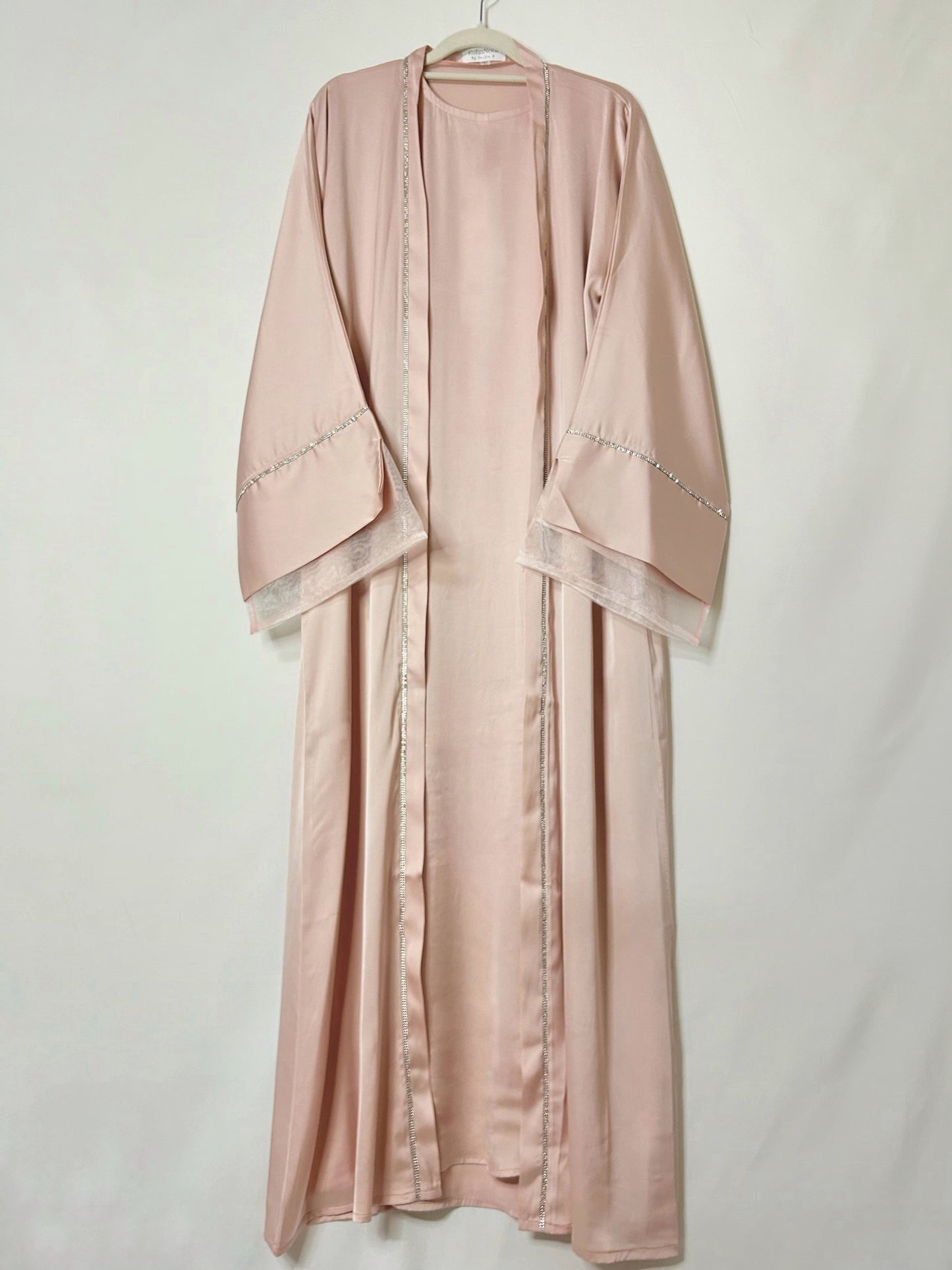 Embellished Silk Abaya Set with Organza Sleeves in Rose Pink