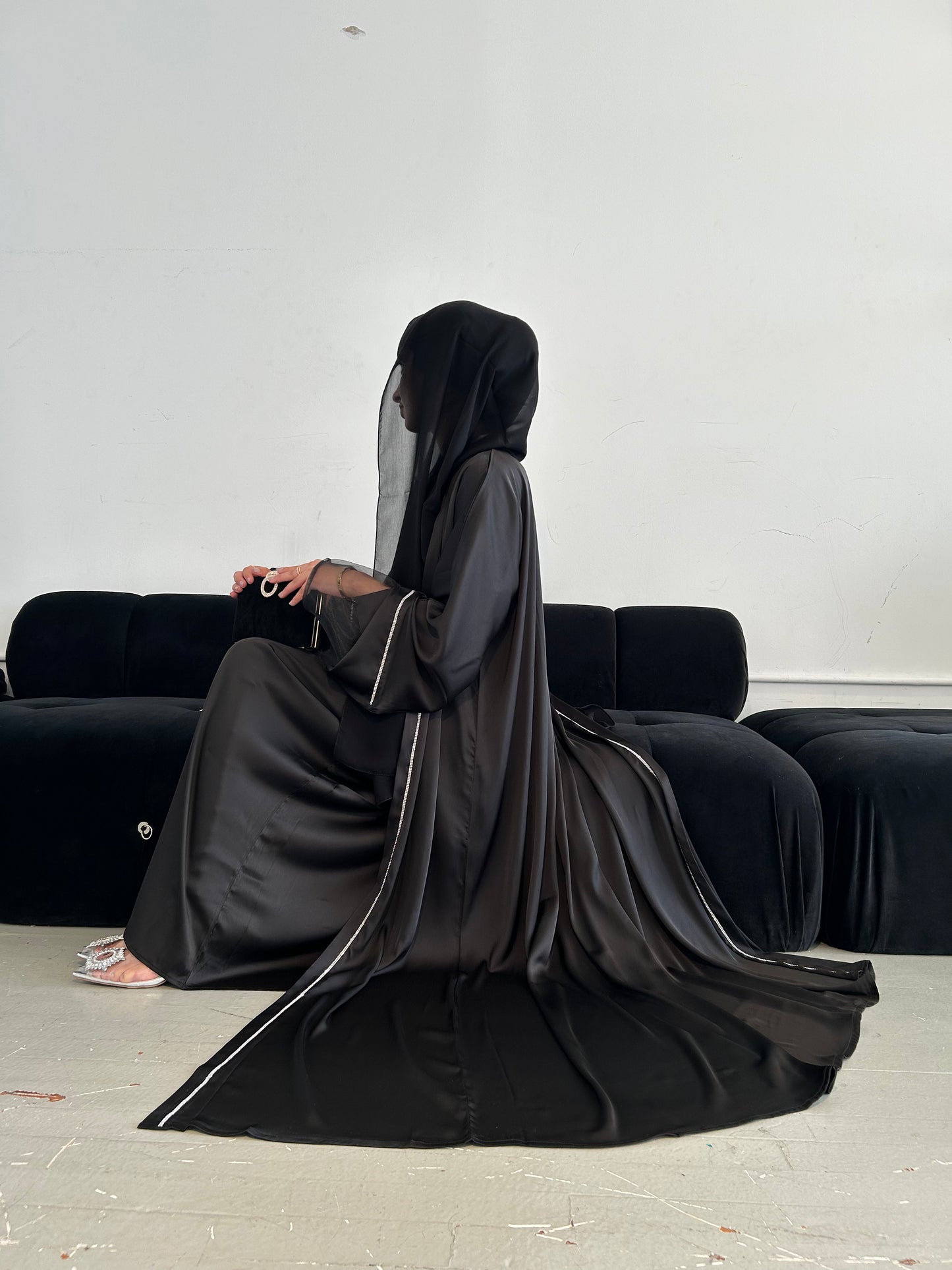 Embellished Silk Abaya Set with Organza Sleeves in Black