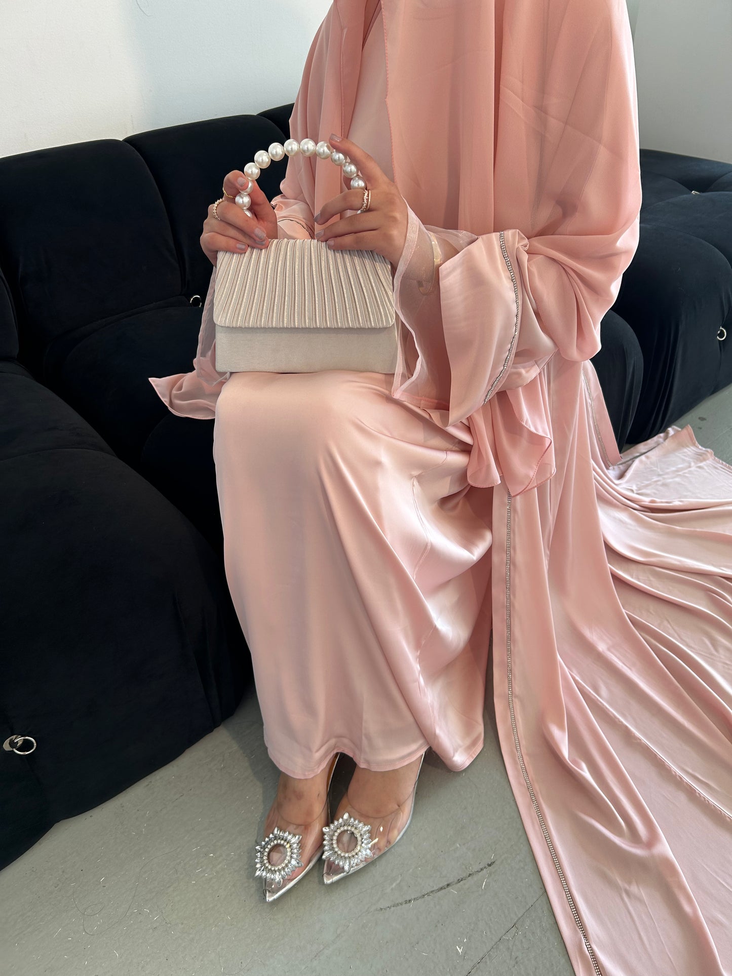 Embellished Silk Abaya Set with Organza Sleeves in Rose Pink