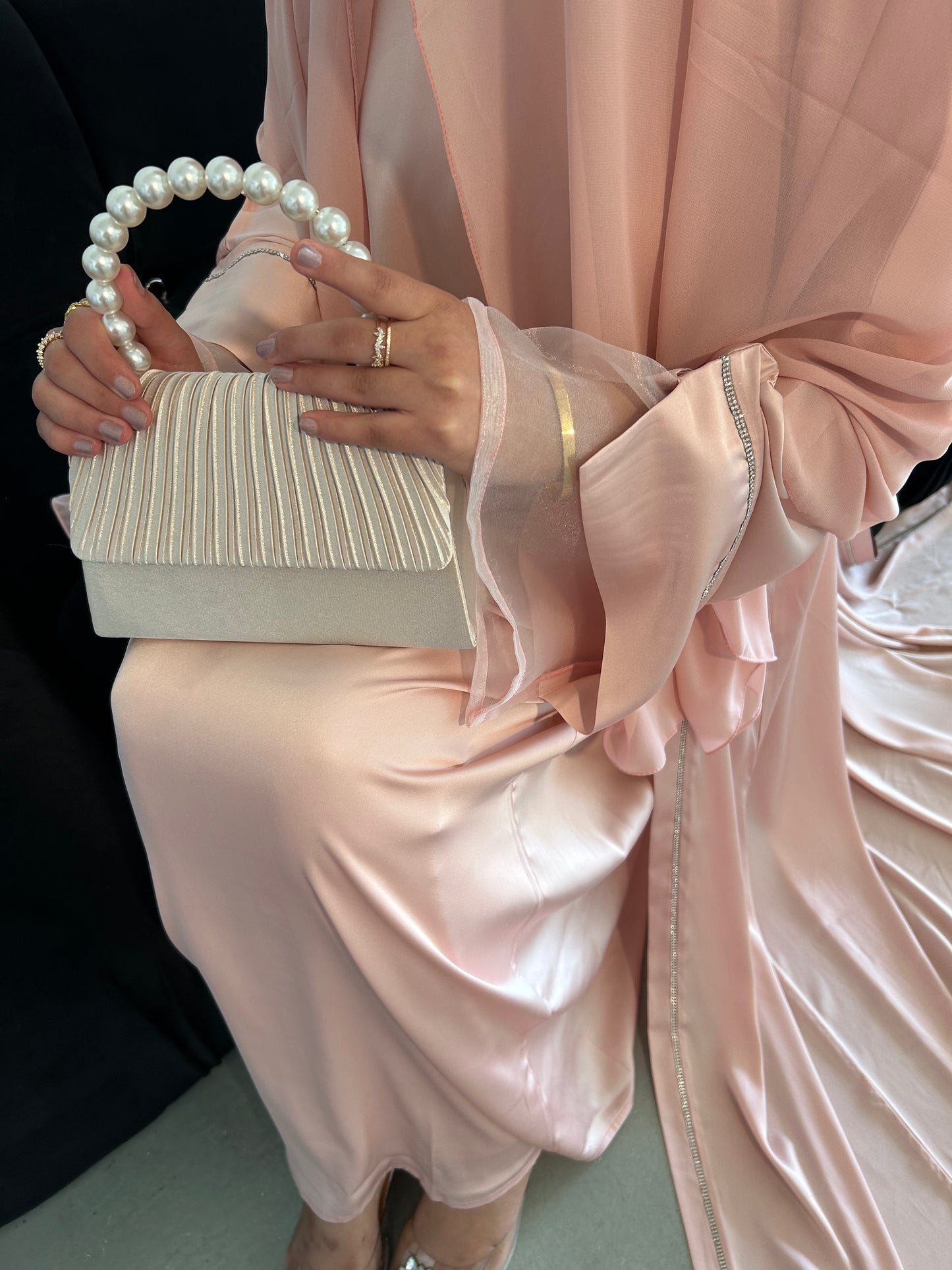 Embellished Silk Abaya Set with Organza Sleeves in Rose Pink