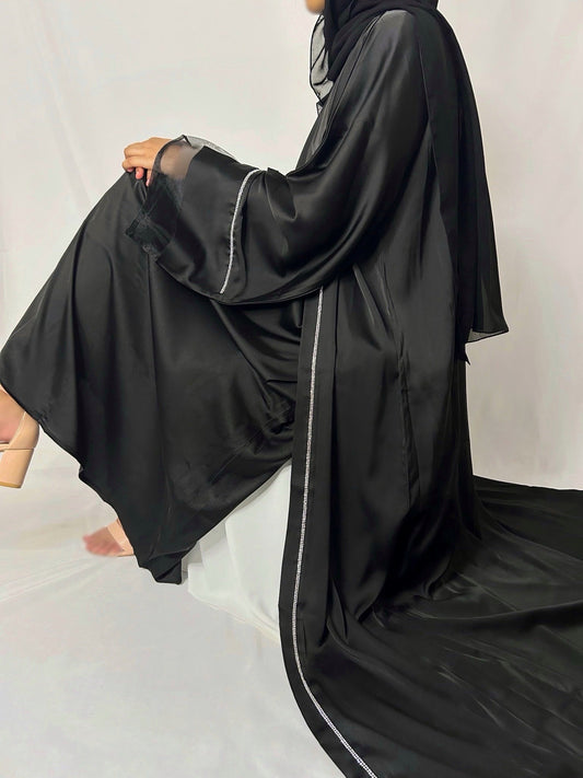 Embellished Silk Abaya Set with Organza Sleeves in Black